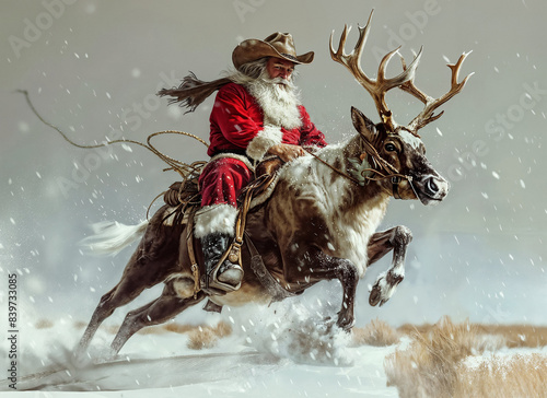 Cowboy Santa Claus riding a bucking reindeer to deliver Christmas gifts