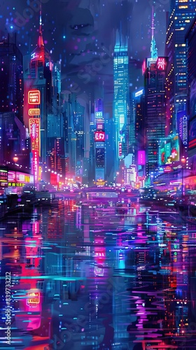 Futuristic city. Concept Art. Cityscape at night with bright neon lights. 3D illustration. AI generated illustration