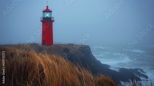 An evocative image of a red lighthouse standing stubbornly on a cliff above a tempestuous sea, enveloped in fog photo