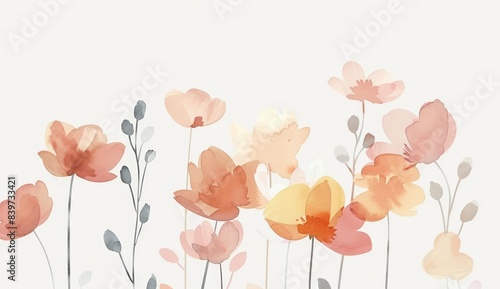 Simple flat illustration of spring flowers in muted colors in a minimalist style with a white background featuring pale pink and orange hues