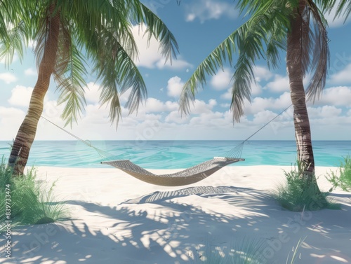 A tropical beach with a hammock between two palm trees photorealistic and serene  generated with AI