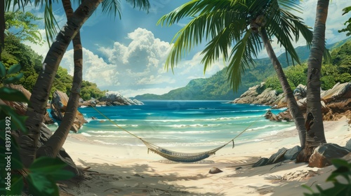 A tropical beach with a hammock between two palm trees photorealistic and serene  generated with AI