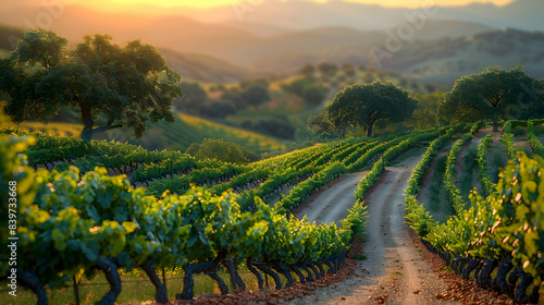 A vibrant nature vineyard landscape with a winding path through the grapevines