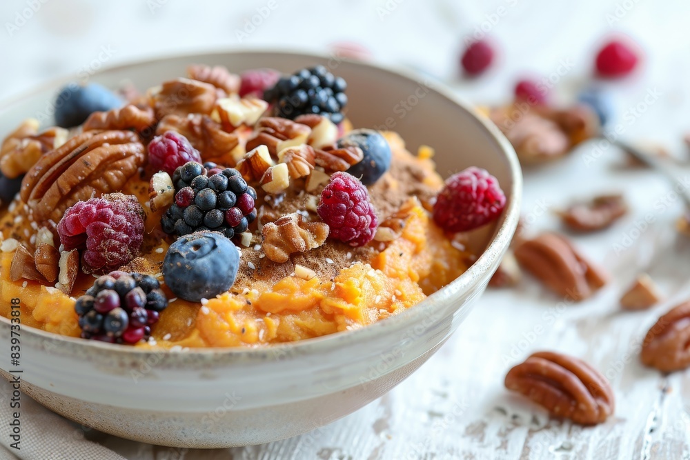 Mashed sweet potato nuts and berries in a bowl on white wood background Mashed sweet potato nuts and berries in a bowl on white wood background
