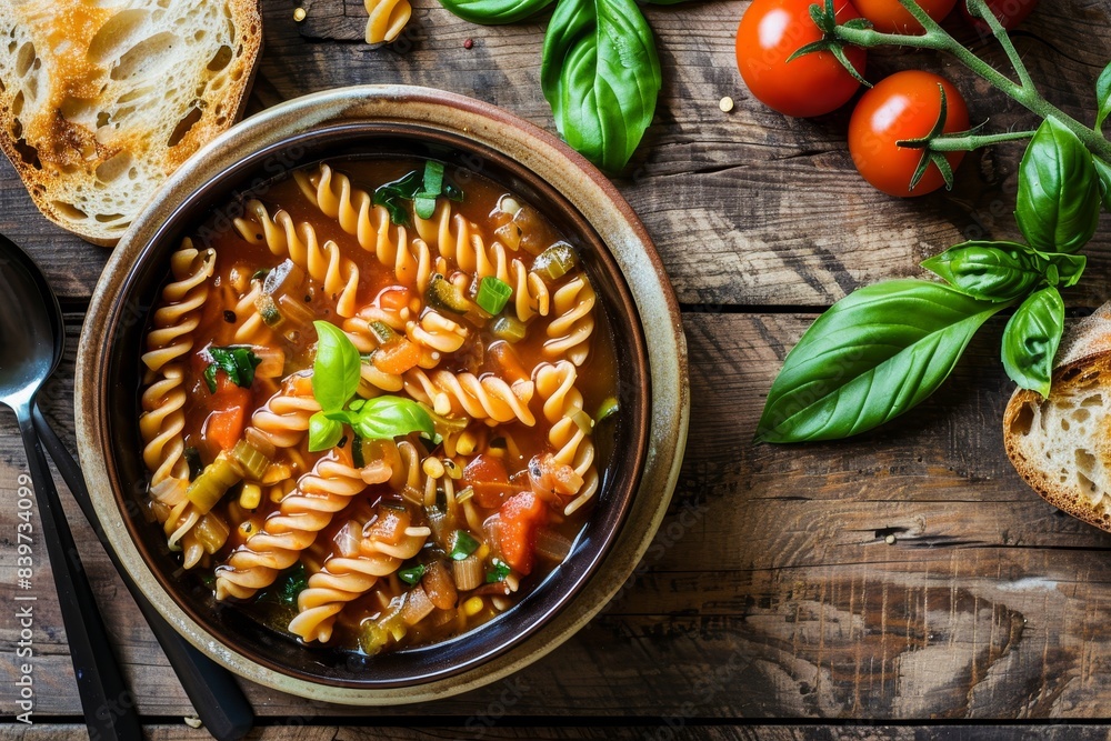Minestrone pasta soup on rustic table with tomato bread cob Minestrone pasta soup on rustic table with tomato bread cob