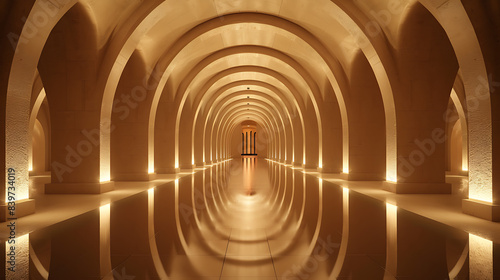 a symmetrical view down a long corridor with arched ceilings. The evenly spaced lights illuminate the walls photo