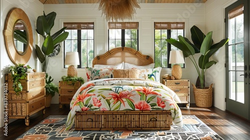 A bright tropical bedroom with white walls and dark wood flooring The room includes a bamboo bed with colorful tropical print bedding photo