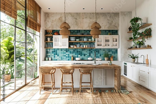 A bright tropical kitchen with white cabinetry and a blue tile backsplash The floor is made of bamboo photo