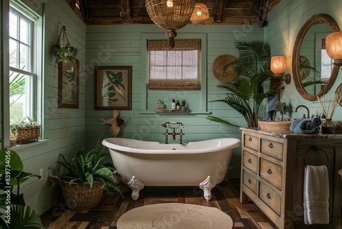 A cozy tropical bathroom with pale green walls and bamboo flooring The room features a clawfoot tub photo