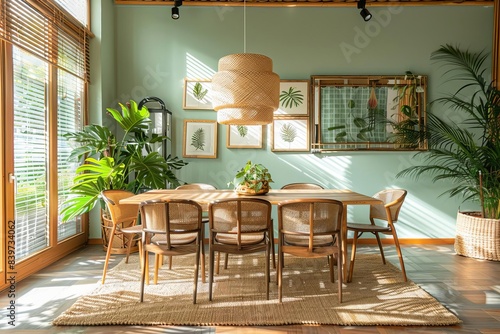 A cozy tropical dining room with pale green walls and bamboo flooring The room features a wooden dining table with wicker chairs photo