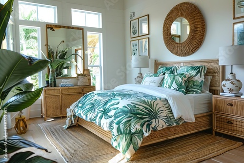 A serene tropical bedroom with white walls and bamboo flooring The room features a rattan bed with green and blue tropical print bedding photo