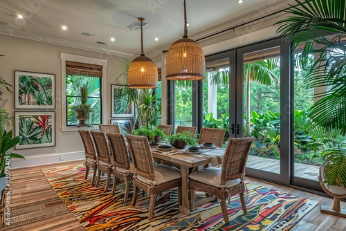 A spacious tropical dining room with light beige walls and bamboo flooring The room features a wooden dining table with wicker chairs photo