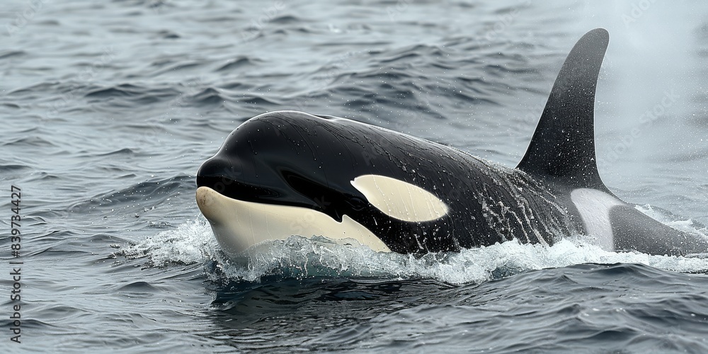 Obraz premium Majestic Orca Whale Surfacing in the Ocean - Close-Up of Killer Whale in Natural Habitat, Illustrating Marine Wildlife Beauty and Power