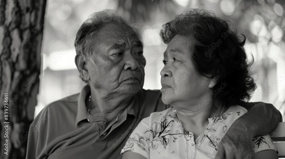 Obraz premium An older couple sitting together each lost in their own thoughts and reminiscing about their life together