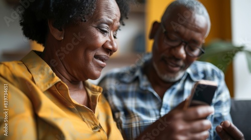 A man patiently teaching his wife with early signs of dementia how to use a new phone photo