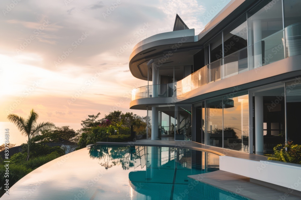 Full view of a Sleek Ultramodern luxury 3 storey house with a pool set against tropic nature view background, generated with AI Full view of a Sleek Ultramodern luxury 3 storey house with a pool set against tropic nature view background, generated with AI