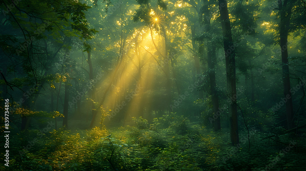 Obraz premium A vibrant nature woodland landscape with a variety of bird species perched among the branches