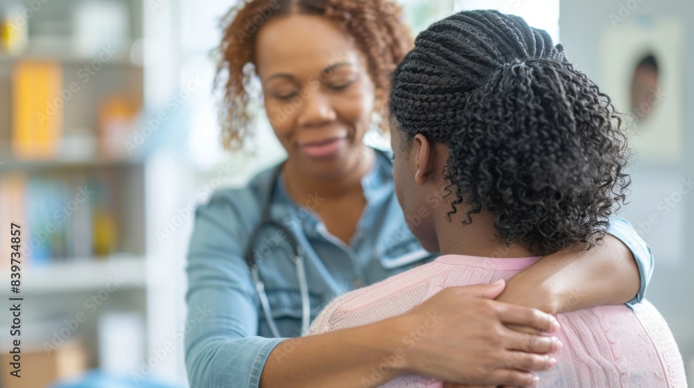 A mental health professional using touch therapy by placing a hand on their patients shoulders during a sessio A mental health professional using touch therapy by placing a hand on their patients shoulders during a sessio