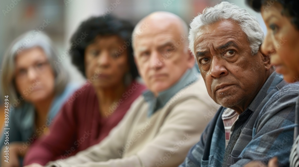 A group of seniors sit with furrowed brows clearly struggling to come up with ideas during a brainstorming session A group of seniors sit with furrowed brows clearly struggling to come up with ideas during a brainstorming session