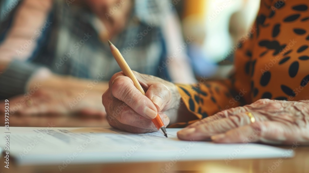 Obraz premium A closeup of an elderly mans hand writing responses on a cognitive test with a healthcare professional watching