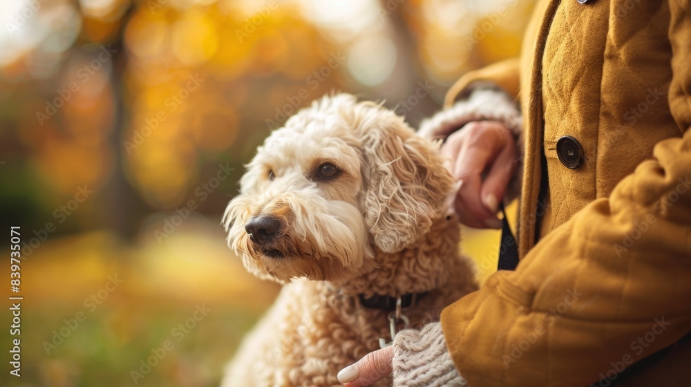 A closeup of an elderly womans hand holding onto the leash of her emotional support therapy dog A closeup of an elderly womans hand holding onto the leash of her emotional support therapy dog