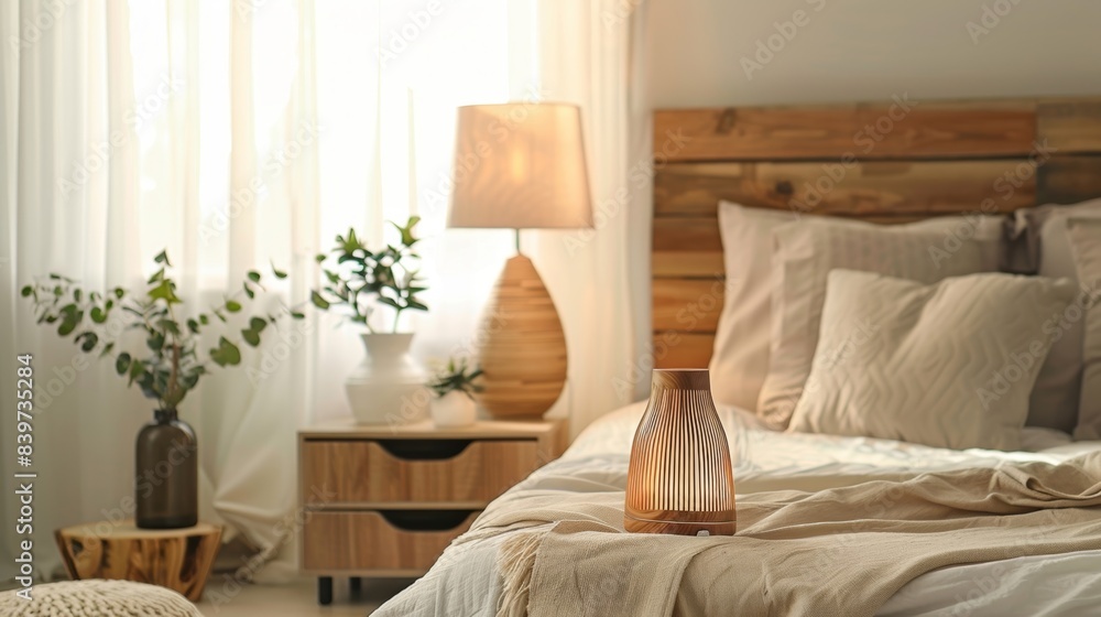 A calming essential oil diffuser and soft lighting creating a serene atmosphere in the bedside area A calming essential oil diffuser and soft lighting creating a serene atmosphere in the bedside area