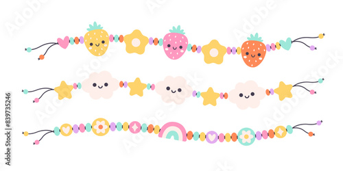 Kids jewelry set. Colorful handmade bracelets with plastic beads. Friendship bracelets. Vector illustration in flat style