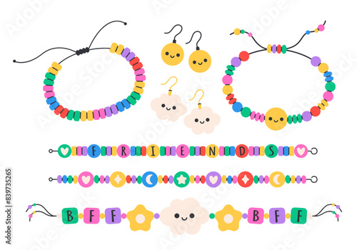 Kids jewelry set. Colorful handmade bracelets with plastic beads, letters, stars, hearts, flowers. Vector illustration in flat style