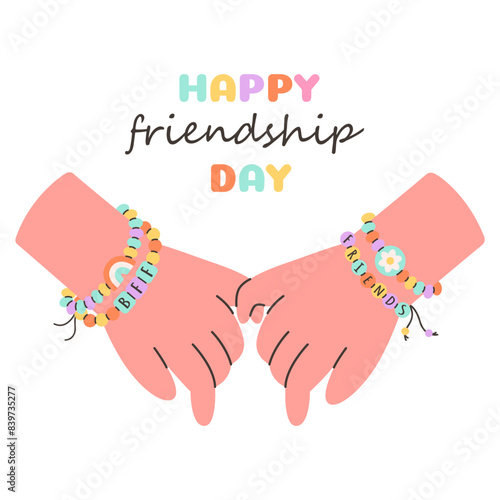 Happy Friendship Day greeting card. Kids holding by hands and wearing handmade friendship bracelets with plastic beads. Vector illustration in flat style