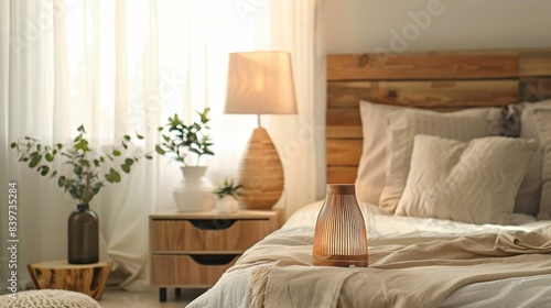 A calming essential oil diffuser and soft lighting creating a serene atmosphere in the bedside area
