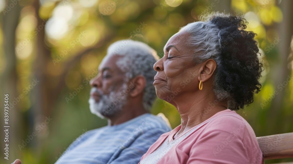 A senior couple sitting on a bench in the park practicing a mindful breathing exercise and enjoying the present moment together A senior couple sitting on a bench in the park practicing a mindful breathing exercise and enjoying the present moment together