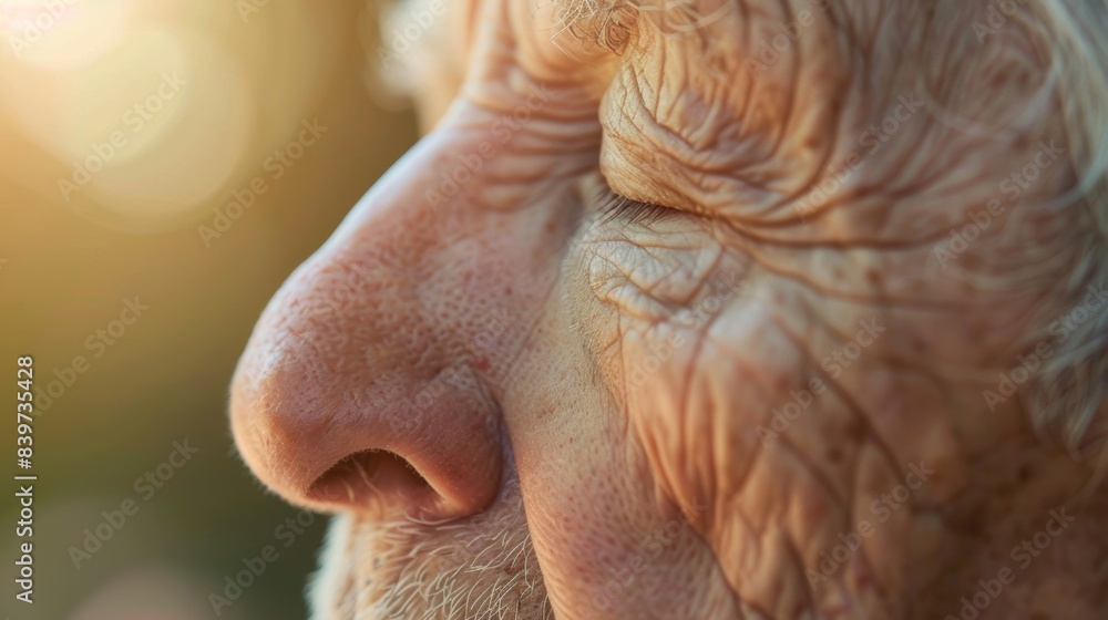 A closeup of an elderly persons face with a serene expression focusing on their breath during a mindfulness practice A closeup of an elderly persons face with a serene expression focusing on their breath during a mindfulness practice