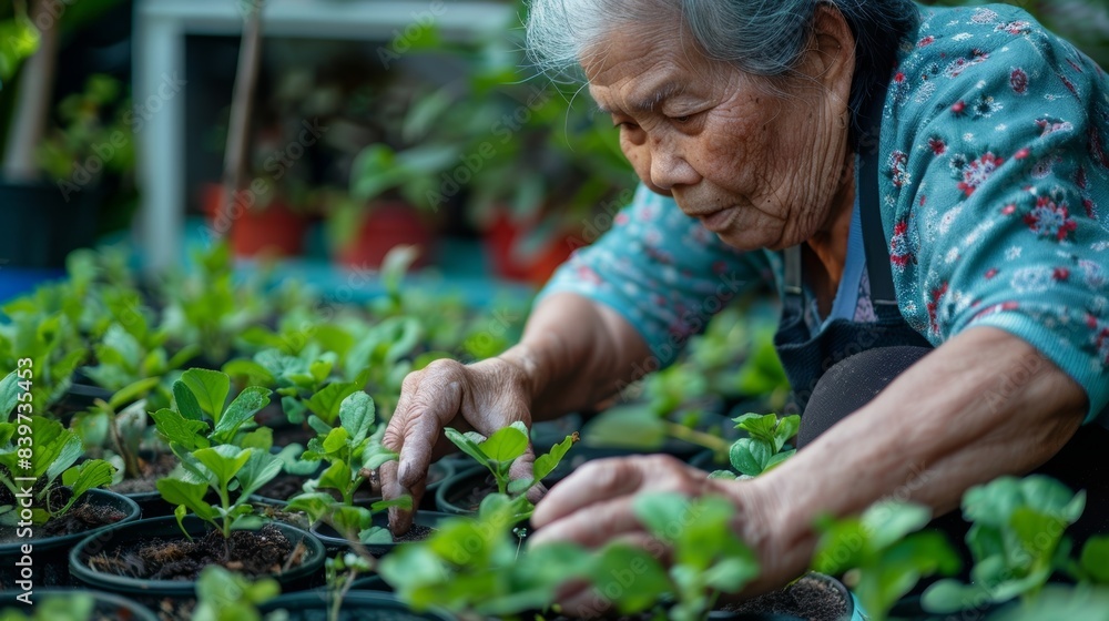 An older individual practicing mindfulness while gardening fully present and grounded in the moment as they tend to their plants An older individual practicing mindfulness while gardening fully present and grounded in the moment as they tend to their plants