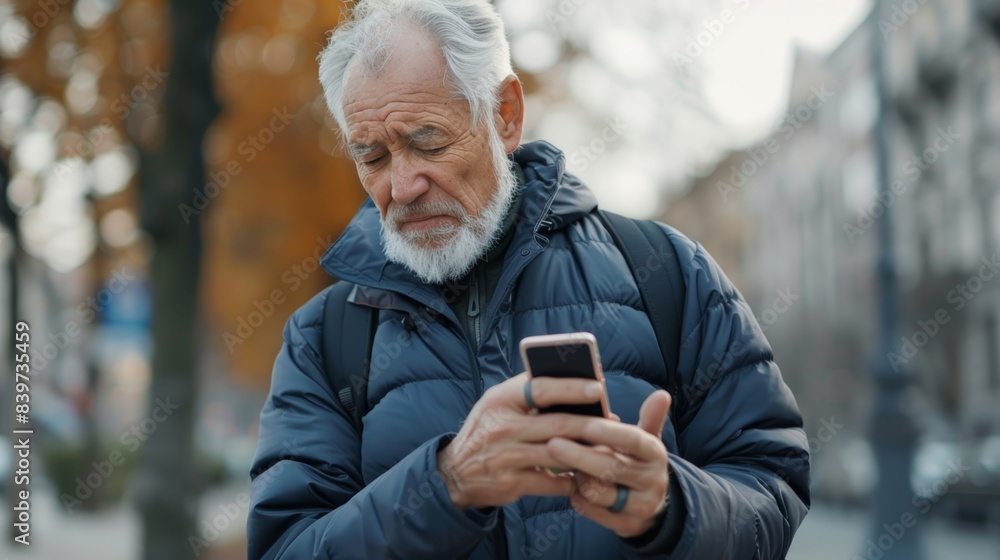 An older man using a fitness tracker app on his smartphone while on a morning walk An older man using a fitness tracker app on his smartphone while on a morning walk