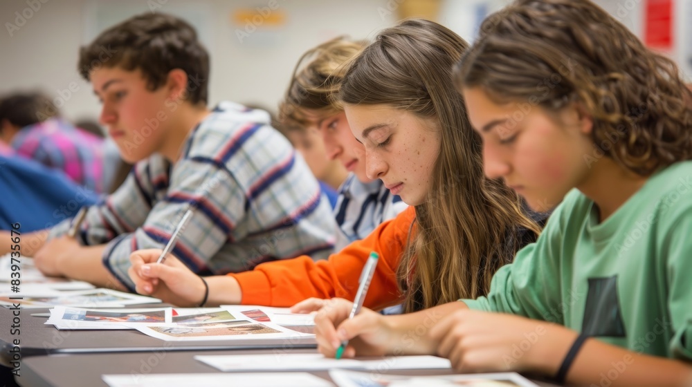 A group of students using flashcards with pictures and corresponding sounds to study for an exam A group of students using flashcards with pictures and corresponding sounds to study for an exam