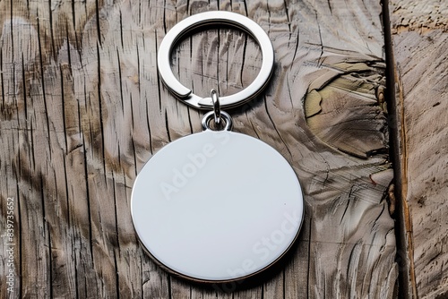 Mockup featuring a blank white round sublimation key chain on a wood background