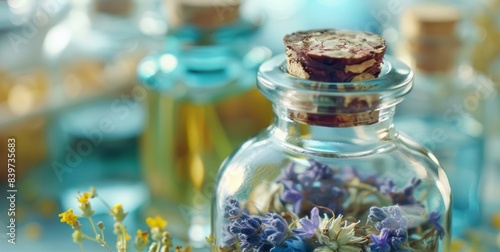 A jar filled with various essential oils showcasing the use of aromatherapy in promoting relaxation and reducing stress photo