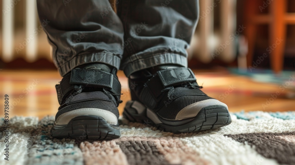 An elderly person wearing a Velcrofastening shoe for easier footwear An elderly person wearing a Velcrofastening shoe for easier footwear