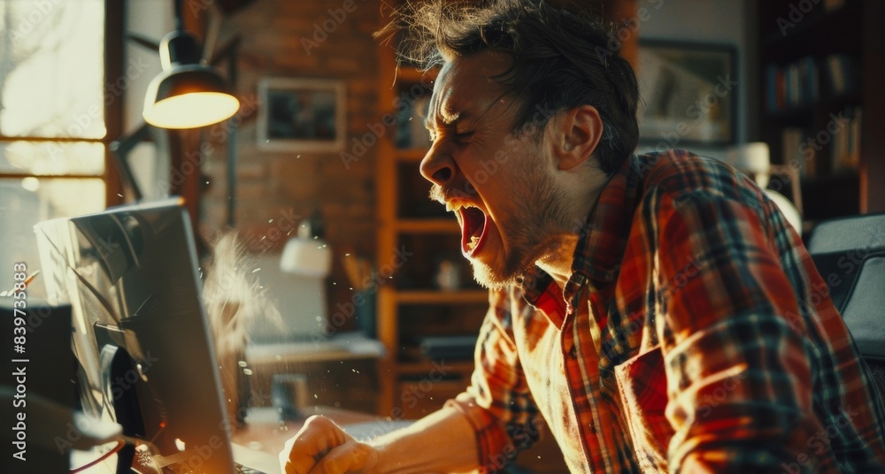A person yelling and banging on their desk in a fit of frustration A person yelling and banging on their desk in a fit of frustration