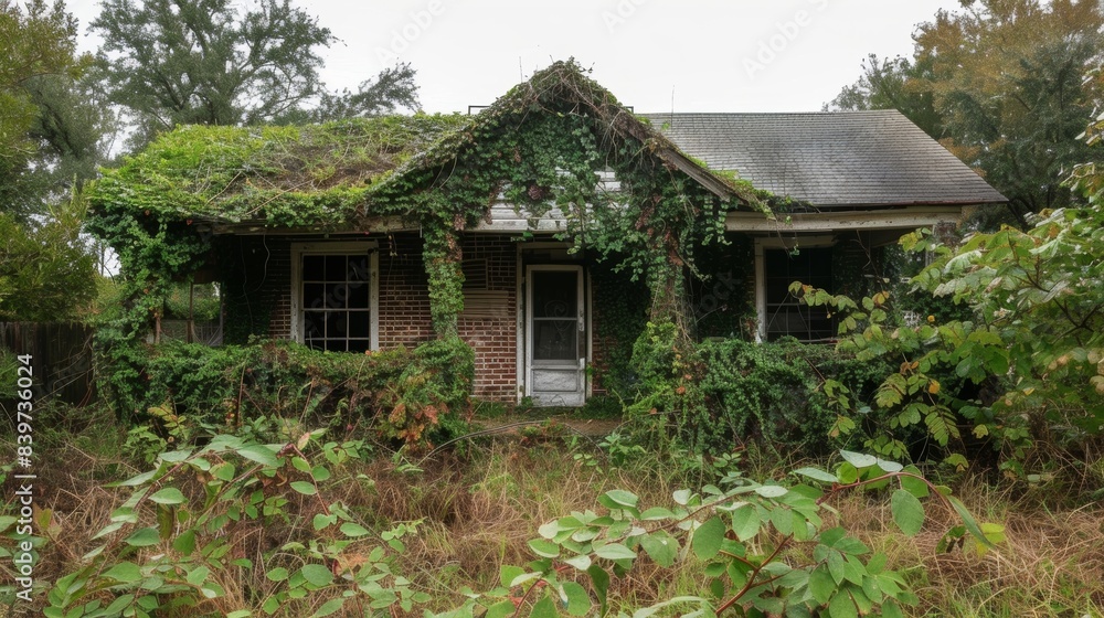 An abandoned house covered in overgrown vines symbolizing forgotten memories that still hold importance An abandoned house covered in overgrown vines symbolizing forgotten memories that still hold importance