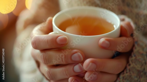 A person holding a warm cup of tea enjoying the soothing sensation while practicing sensory relaxation techniques