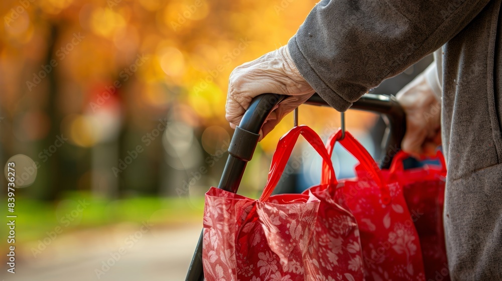 A senior being helped with grocery shopping by their caregiver who is pushing a cart and carrying bags A senior being helped with grocery shopping by their caregiver who is pushing a cart and carrying bags