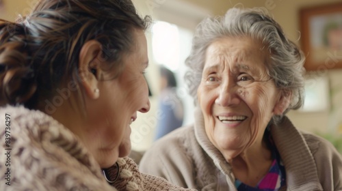 An inhome caregiver providing companionship and socialization for a senior through conversation and games © Justlight