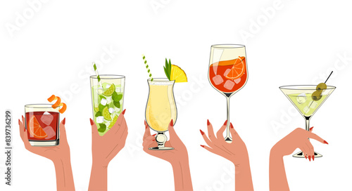 Female hand holding a glasses of cocktails. Pina colada, old fashioned, mojito, aperol, martini photo