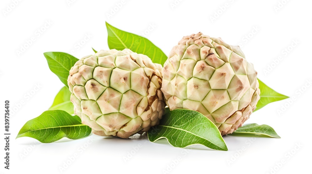 Obraz premium Fresh cherimoya fruits with green leaves. Organic tropical produce on white background. Perfect for healthy recipes and natural lifestyle concepts. AI