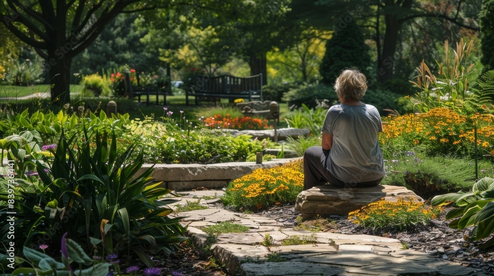 An individual with PTSD finding peace and comfort in the serene setting of the Memory Garde An individual with PTSD finding peace and comfort in the serene setting of the Memory Garde