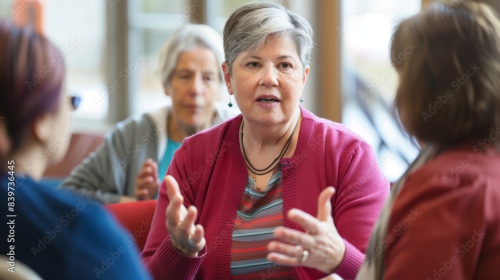A woman with aphasia participating in a language therapy group focusing on sentence structure and word recall A woman with aphasia participating in a language therapy group focusing on sentence structure and word recall