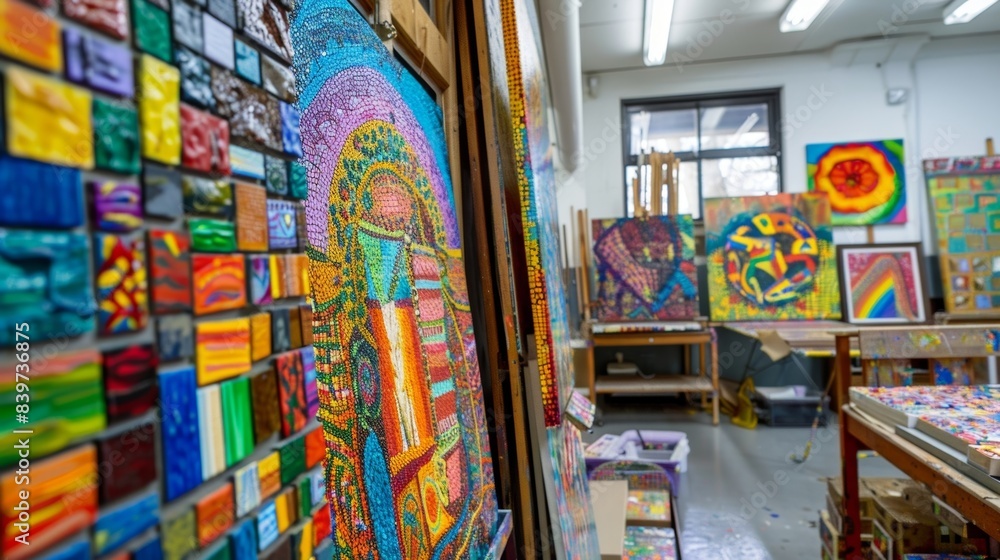 A room filled with brightly colored paintings and mosaics all created by a group of elderly art students