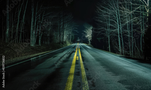 Mysterious night road illuminated by headlights