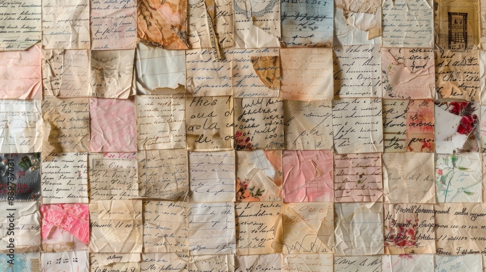 A quilt made from pieces of old love letters or notes symbolizing cherished memories of relationships and love A quilt made from pieces of old love letters or notes symbolizing cherished memories of relationships and love